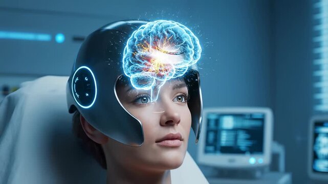 In a high-tech clinic, a young woman experiences a groundbreaking session using advanced brainwave technology. Futuristic equipment surrounds her as her mind engages with the process of wellness.