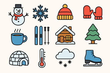 Fototapeta premium A set of icons designed in a minimalist style using blue, red, black, and white colors associated with winter themes.