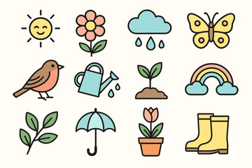 colorful vector flat icons on the theme of spring