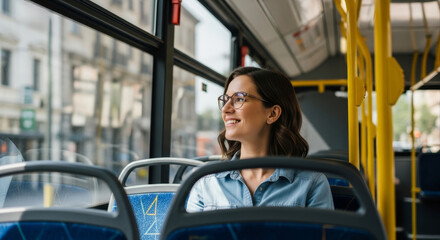 Smiling woman enjoys city views during her relaxing commute on the bus public transportation