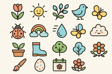 colorful vector flat icons on the theme of spring