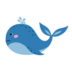Cute cartoon blue whale isolated on white background. Vector illustration.