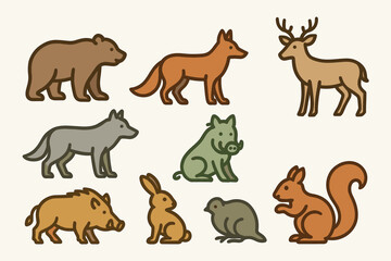 Fototapeta premium A set of illustrations of various forest animals in a stylized, simplified design.