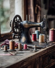 Black sewing machine placed near window light high resolution picture