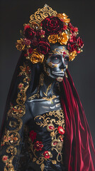 La Catrina Woman with floral headdress and skull makeup in traditional attire  