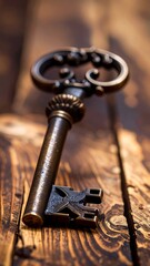 Antique key on rustic wooden surface