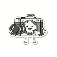 Cute Kawaii Cartoon Camera Character with Lens, Winking and Pointing Finger