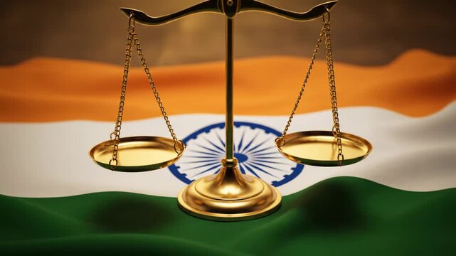 Indian Justice Scales - Golden scales of justice rest on an Indian flag, symbolizing the legal system and principles of fairness and equity in India.