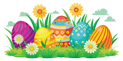 Assortment of Brightly Colored and Patterned Easter Eggs in a Grassy Field colorful