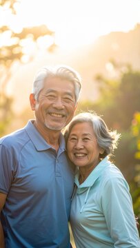Having fun together outdoors, active senior couple smiling,