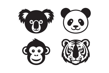Four cute cartoon animal faces koala panda monkey tiger