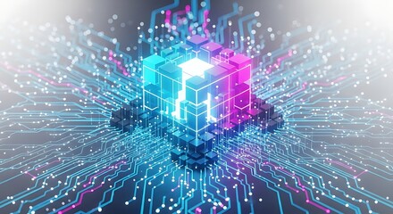 Glowing cube with digital network connections radiating