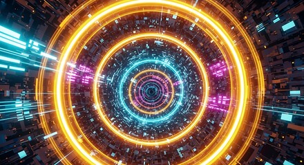 Abstract glowing concentric circles in a digital tunnel