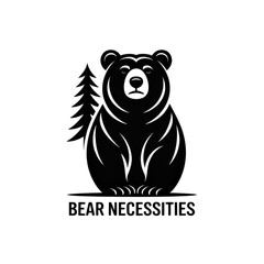 Stylized outline of a bear with a pine tree and text Bear Necessities animal silhouette isolated on a transparent background