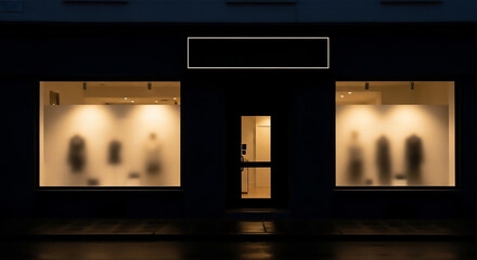 Storefront at night with illuminated displays and a dark facade