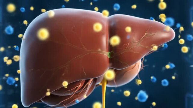 Human Liver Anatomy 3D Model - A detailed 3D video of a human liver, showcasing its intricate structure and highlighting the biliary system with yellow and blue particles representing molecules or