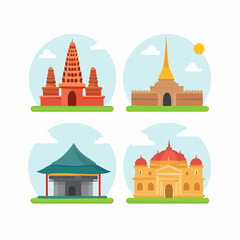 Naklejka premium Architectural Wonders: A set of vibrantly illustrated landmark buildings, rendered in a simple graphic style, showcasing the diversity of architectural marvels around the world.