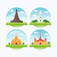 Naklejka premium Icons of Heritage: A collection of four intricately illustrated buildings, each a testament to architectural marvels, presented within circular frames, capturing the essence of history and culture.