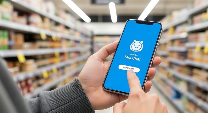 Person using mobile app in a supermarket aisle