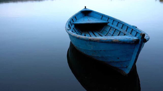 Lonely Blue Boat on Still Water - A weathered blue rowboat drifts serenely on a calm body of water, its reflection mirroring the tranquil scene.