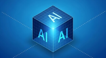 Abstract cube with ai logo on blue digital background