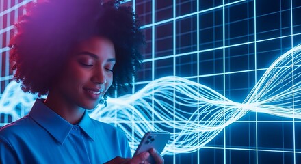 Woman looking at smartphone with data graph