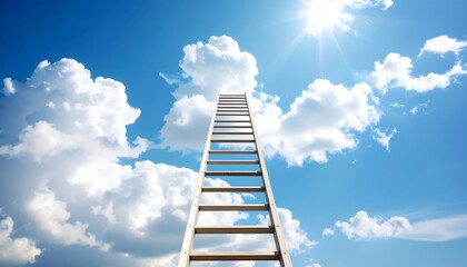 A wooden ladder ascends into a bright, sunlit sky dotted with puffy white clouds