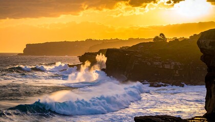Dramatic sunset over churning waves