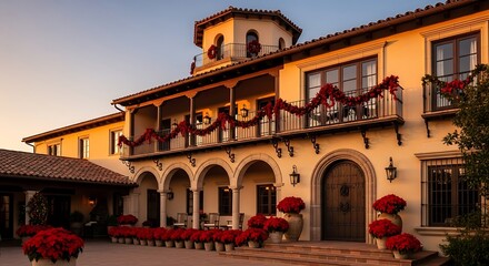 Spanish Mediterranean Villa with Festive Christmas Lights and Poinsettias
