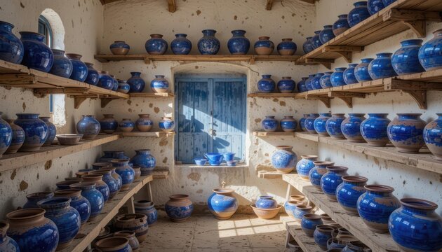 Rich blues contrast with earth tones in a bright, whitewashed studio, showcasing glazed pottery drying.