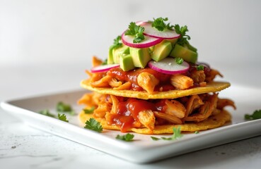 Stacked chicken tostadas feature shredded chicken, savory sauce, fresh avocado, radish slices. Served on white plate, mexican dish offers vibrant, colourful presentation. Delicious meal for lunch