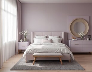 Minimalist Scandinavian bedroom in soft lilac tones features comfortable bed with crisp white bedding, elegant bedside tables, large window with sheer curtains. Round wooden mirror hangs above