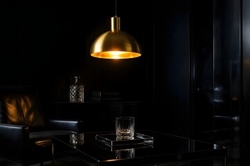 Dark dining table with glass of water and reflective surfaces illuminated by golden pendant lamp