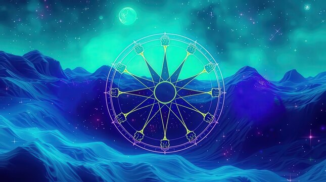 Mystic zodiac wheel over cosmic starry landscape