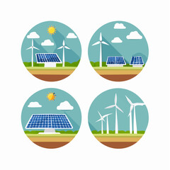 Obraz premium Eco-Friendly Energy: The illustration illustrates solar panels and wind turbines in a circular design that highlights the concept of renewable and eco-friendly energy. 