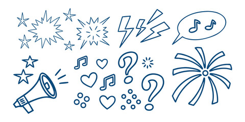 Blue Doodle Icons with Megaphone, Stars, Hearts, Question Marks, and Fireworks Keywords: blue, doodle, drawing, illustration
