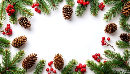 Pine branches, red berries, and pinecones frame a white backdrop in a festive design