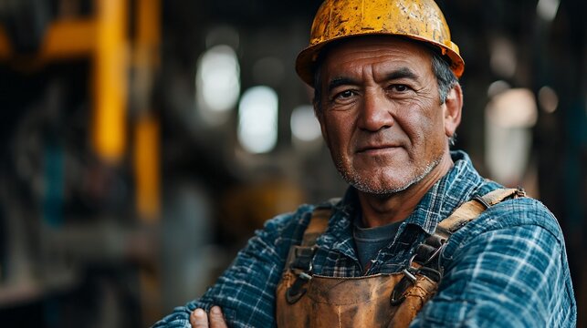 A mature man, wearing a hard hat and work overalls, stands in a factory setting with his arms crossed.  He looks directly at the camera