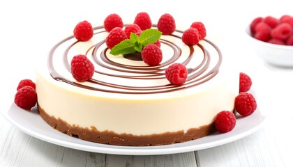 Creamy cheesecake topped with raspberries and chocolate