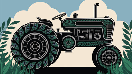 Vintage tractor illustration with elegant ornamental details and pastoral charm for farm themed backgrounds