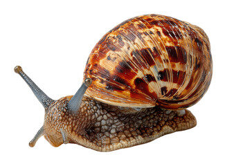 Slow movement of a colorful snail on natural surface in view isolated on transparent background
