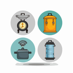 Culinary & Technological Elements: Illustrated icons depict various kitchen and tech gadgets, each with its unique shape and function.