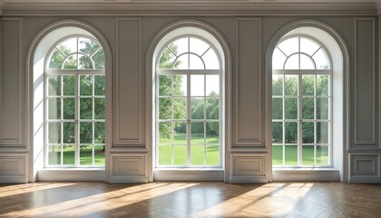 Three large arched windows with wood pane details offer serene view of green park. White walls, polished wood floor reflect bright sunlight, creating elegant, spacious atmosphere. Natural light