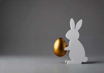 White Bunny Holding Golden Egg in Studio Setting