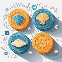 Seashell and Dollar Sign Coins: A close-up view of four decorative coins, featuring intricate seashell designs and a dollar sign, set against a backdrop.
