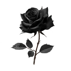 Single dark black rose with leaves isolated on transparent background