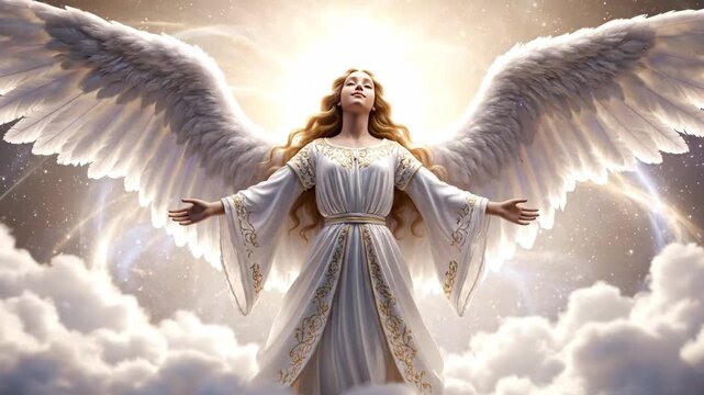 Heavenly Angel with Majestic Wings - A beautiful angel with large, white wings stands amidst heavenly clouds and radiant light.