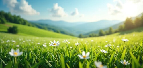 Rich green meadow bursting with blooming white jasmine flowers under clear summer sky. Rolling hills in background create serene landscape perfect for nature themes, spring, and outdoor recreation.