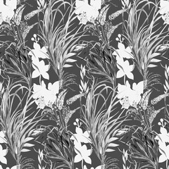 Botanical seamless pattern with graceful flowers and orchid sulhouettes for textiles (2). High quality photo