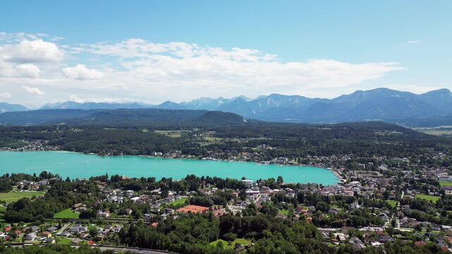 Velden at the lake Worthersee with Lakeside Buildings and Clear Turquoise Water in Carinthia